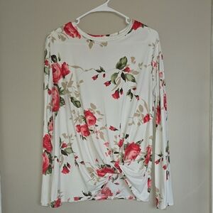 Rose Print Long Sleeve Top - White and Red